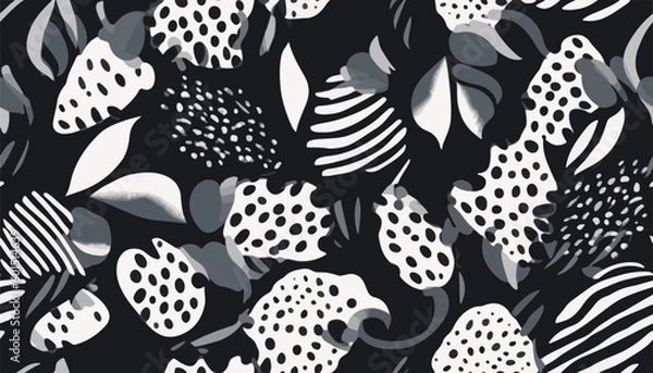 Fototapeta Hand drawn tropical abstract organic shapes pattern. Collage contemporary print. Fashionable template for design. Modern ethnic style.