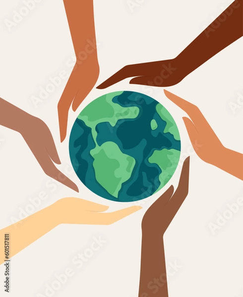 Fototapeta Happy earth day. Different nationality's hands hold and protect our Planet and. Hands protect the Earth. Earth Day. Vector illustration in flat cartoon style.
