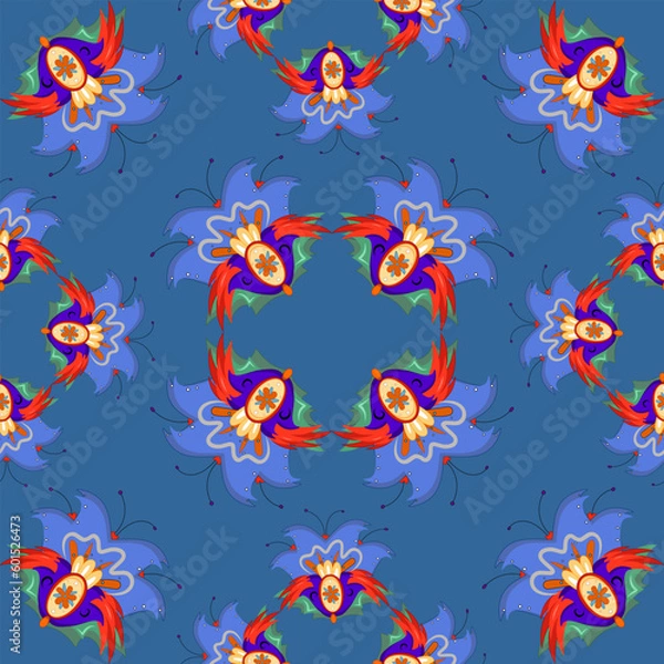 Fototapeta Seamless pattern of abstract flowers on a blue background. Bright vibrant pattern. For textiles and decor.