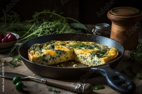 Fototapeta omelette with spinach and herbs in a cast iron skillet on a wooden table. Generative AI