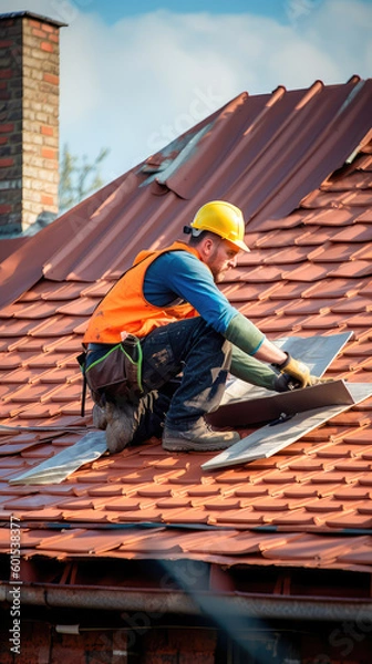 Fototapeta The master repairs the roof tiles of the house. Roofing, repair and renovation work. Generative AI