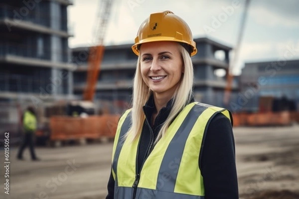 Fototapeta Portrait of a smiling female engineer in a yellow helmet on a construction site