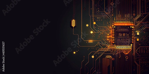 Obraz The microprocessor in the rays of light on the background of the electronic board. Generative AI