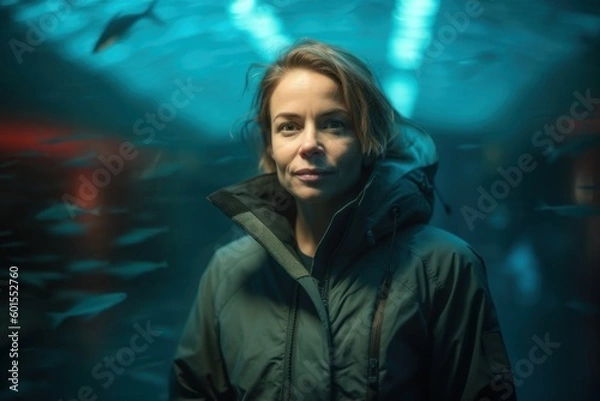 Fototapeta Young woman looking at the camera in a dark underwater tunnel with fish.
