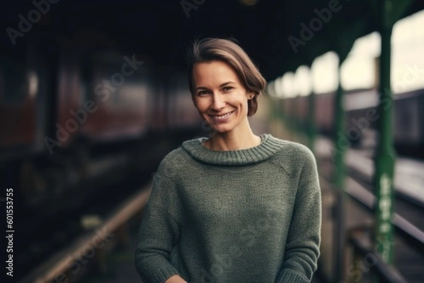 Fototapeta Portrait of a smiling young woman standing at the train station.