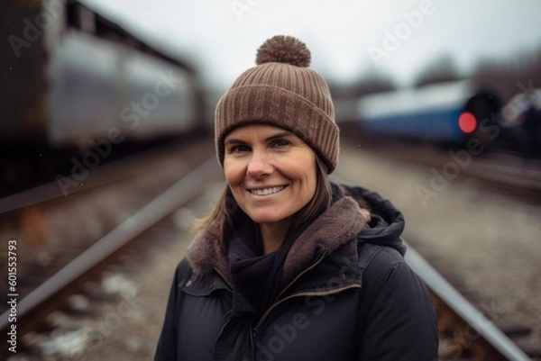Fototapeta Portrait of a smiling woman standing on railroad tracks and looking at camera