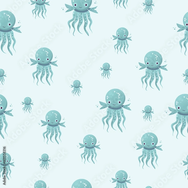 Fototapeta Pattern of cartoon monsters illustration sprite flat style. Happy and funny sea octopus monster swimming and looking on brown background. Vector illustration
