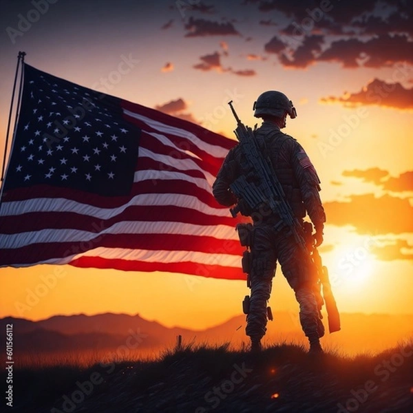 Fototapeta Silhouette of an American soldier, USA flag in the background, Generative AI