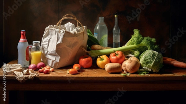 Fototapeta Illustration of groceries on a a table in a kitchen. Generative AI. 
