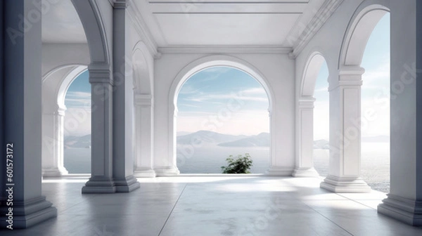 Obraz Modern empty room with sea view and windows. Generative ai illustration