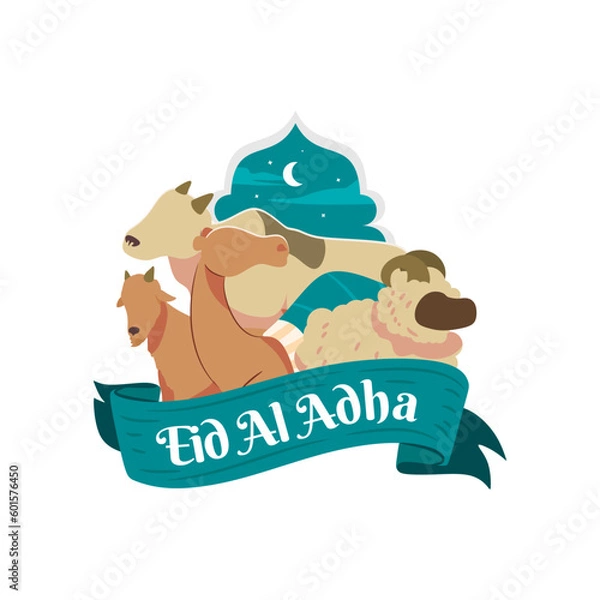 Obraz An illustration of animals and a banner that says eid al adha.