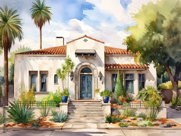Fototapeta A Watercolor of a Beautiful Home with a Mission Revival Architecture Design | Generative AI
