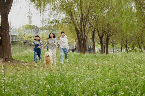 Obraz 강아지와 함께 뛰어노는 가족