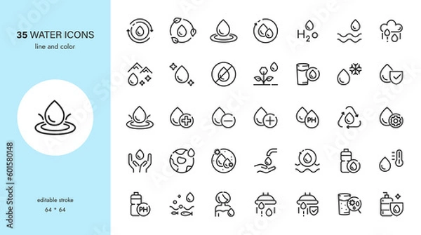 Fototapeta Water Icons Set. Editable Outline Vector Collection of Water Signs, Symbols and Icons. Water Drop, Cycle, Weather, Hydration, Safety, Conservation, Management System, Pure, Natural, Drinking Water.
