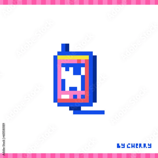 Fototapeta Pixel art retro music player icon. 90s 8bit style illustration of pocket MP3 player gadget with screen and headphones. Cute pixel nostalgia sticker
