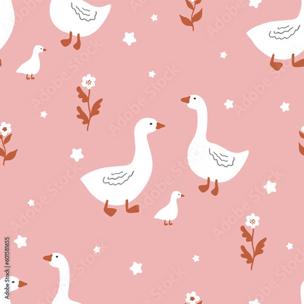 Fototapeta Seamless pattern of geese. Cute vector illustration in a simple hand drawn cartoon style. Simple baby cartoon style perfect for textiles, baby shower fabrics.