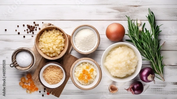 Fototapeta Homemade  grits in bowls on white wooden background. American cuisine. Recipes with grits. Top view, flat lay, ai illustration 