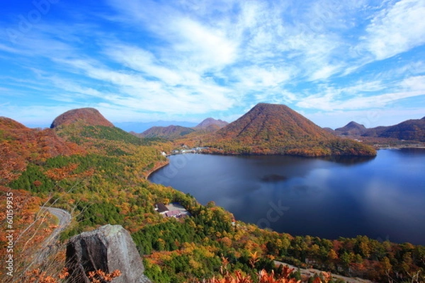 Fototapeta Autumn colours of Mt. Haruna and lake
