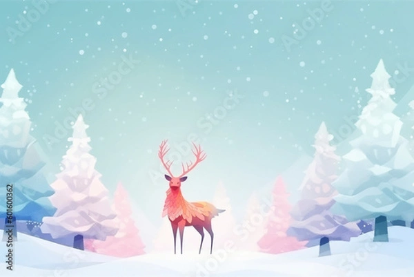 Obraz クリスマスの雪降る森の中のモミの木とトナカイ　AI画像