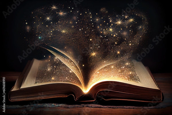 Fototapeta Magical image of open antique book over wooden table with glitter overlay. Generative Ai