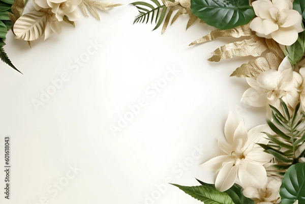 Obraz Tropical border with flowers and leaves on a white background , wedding backgrounds, copy space, beige and gold, gold and green, tropical border, flowers and leaves, white background
