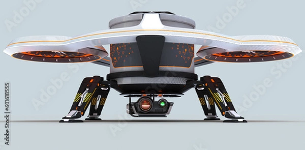 Obraz A large drone transports a sea container shipping container. The near future. 3d illustration. Isolated on white background.