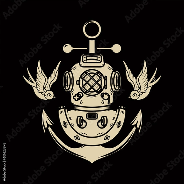 Obraz Vintage diver helmet with anchor and swallows. Nautical sailor helmet with anchor. Sailor emblem. Design element