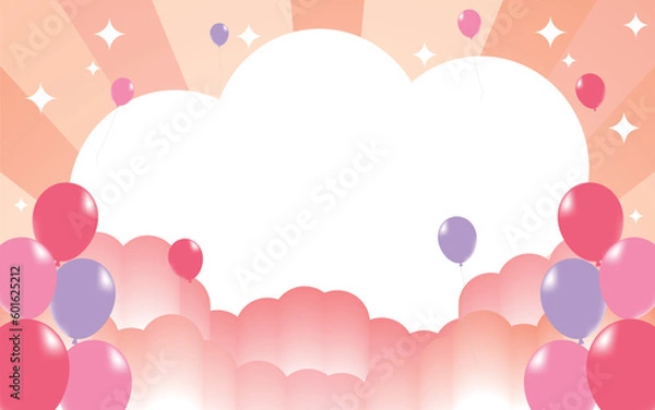 Fototapeta サンバーストと雲形フレーム　ピンク　赤色　グラデーションキラキラ　輝き　雲　風船