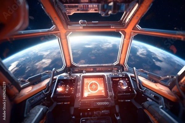 Fototapeta fantasy futuristic space-craft cabin with control panel, ai tools generated image