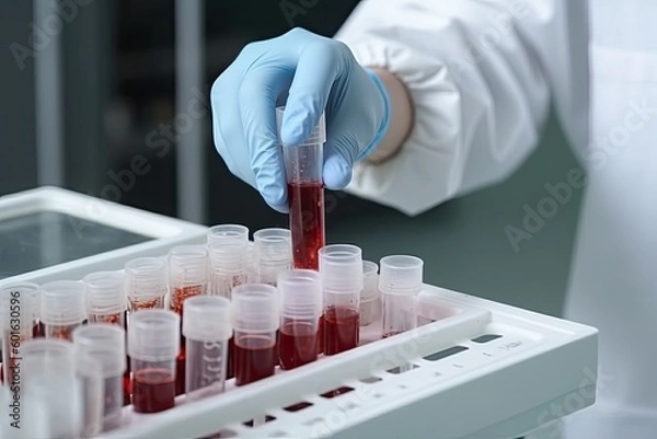Fototapeta Laboratory worker prepares test blood to detect antibodies and infections. Generative AI