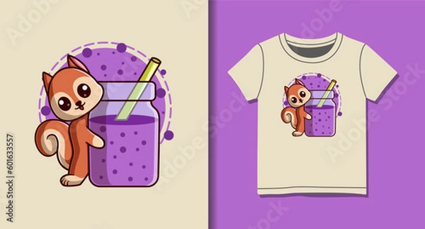 Obraz Cute Squirrel Drinking Smoothie Vector Cartoon Illustration for T-Shirt Design