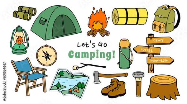 Fototapeta Set collection of camping items and characters. Camping. Adventure nature clipart. isolated element, hand-drawn style, vector illustration.