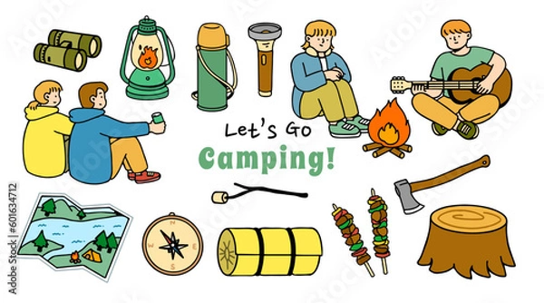Fototapeta Set collection of camping items and characters. Camping. Adventure nature clipart. isolated element, hand-drawn style, vector illustration.