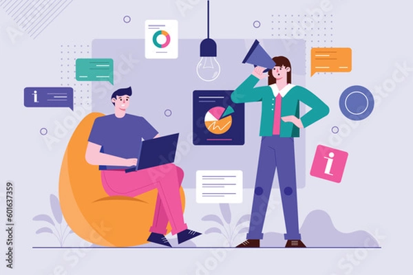 Fototapeta Marketing purple background concept with people scene in the flat cartoon style. A marketer makes announcements on social networks about advertising various products. Vector illustration.