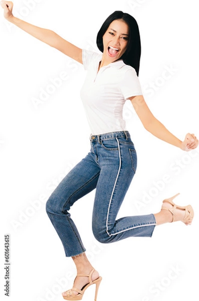 Fototapeta Cheerful positive asian lady jumping on air raised fists hand look at camera Happy girl jumping having fun rising hands up Happy Asia woman smiling and flying celebrating success on air full body jump