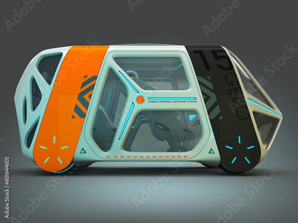 Obraz Transport of the future. Car flying above the ground, against a foggy horizon, the concept of a flying car Possible. Individual design. Designed for multiple passengers. 3D illustration.