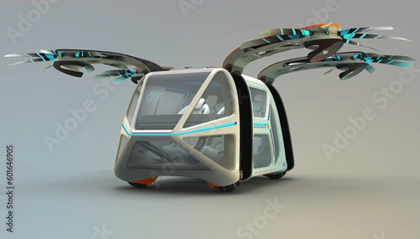 Obraz Transport of the future. Car flying above the ground, against a foggy horizon, the concept of a flying car Possible. Individual design. Designed for multiple passengers. 3D illustration.
