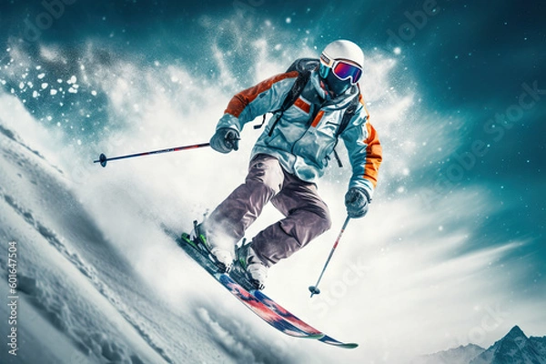 Fototapeta Adrenaline rush - Skier jumping and skiing down the mountain in extreme winter sports. created with Generative AI