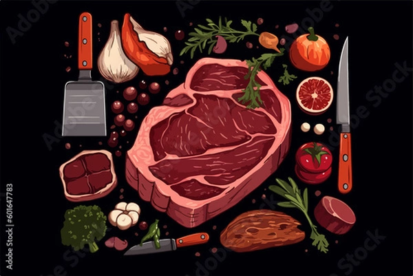 Fototapeta large quality beef steak with perfect fat cover on the table between kitchen tools and vegetables. generative ai technology