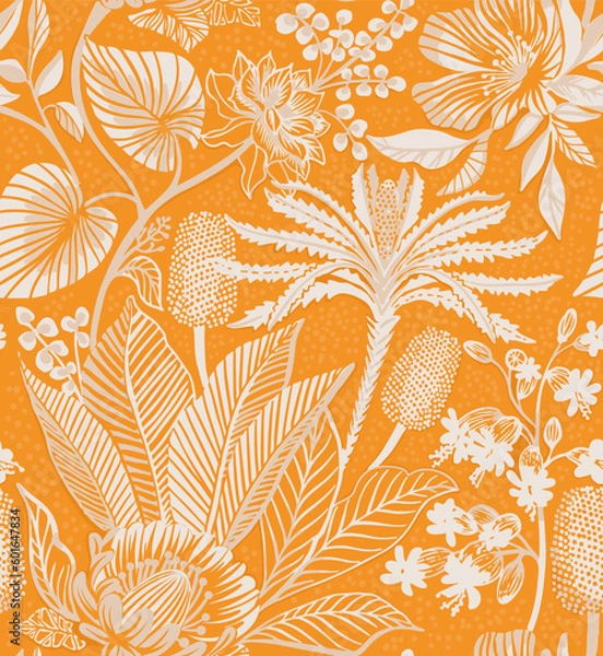 Fototapeta Seamless tropical pattern. Lacy pattern of palm trees on an orange background. Papercut pattern. 