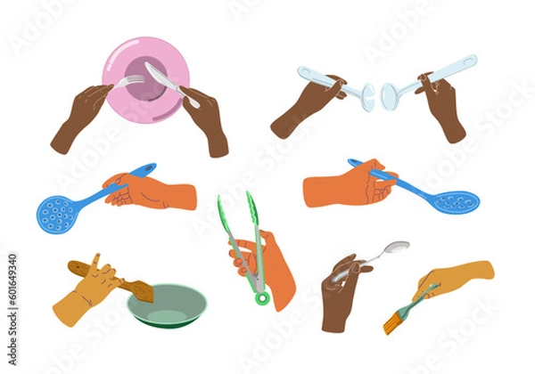 Fototapeta People hands cooking and eating close up vector illustrations set. Palms using kitchen ware such as fork and knife, spoons, tongs, spatula and skimmer flat style drawings collection Isolated