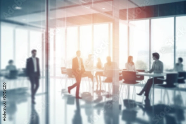 Fototapeta Corporate Visionaries: Blurred Business People in a Modern White Glass Office. created with Generative AI