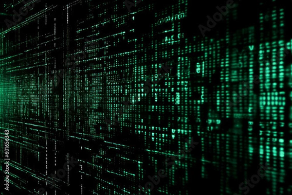 Obraz A screen filled with green code on black backdrop, representing technology, cyber security, and hacking. This digital illustration of the world of programming and internet communication. Generative AI