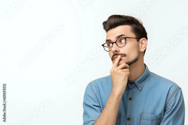 Fototapeta Young doubtful man thinking. Handsome young man in casual shirt and glasses standing isolated over white background. Customer thinking hard looking away. Generative AI