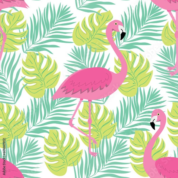 Fototapeta Seamless summer pattern with flamingo. Tropical trendy seamless pattern. Design for fabric, wallpaper, textile and decor.