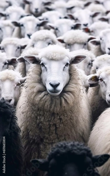 Fototapeta Large flock of sheep from which one in particular emerges - ai generative