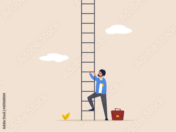 Fototapeta Achieve goal concept. Step to new career opportunity, challenge to climb up success ladder, unknown journey ahead. Confidence businessman look up to begin climbing ladder of success.