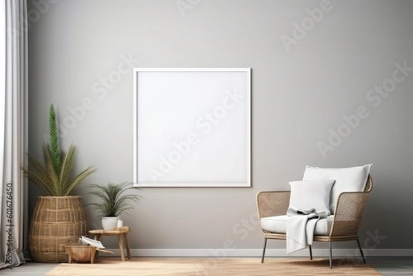 Fototapeta Modern Home Interior Decoration with White Empty Frame on Wall, Living Room Concept. Generative AI illustrations.