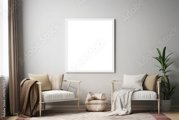 Fototapeta Modern Home Interior Decoration with White Empty Frame on Wall, Living Room Concept. Generative AI illustrations.