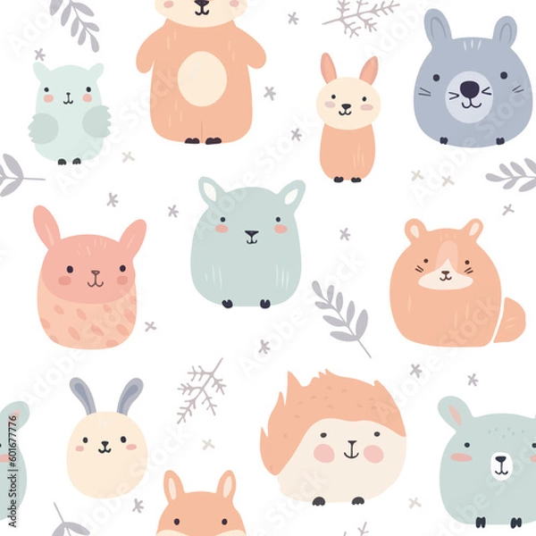 Obraz Seamless pattern with animals and leaves, baby decorations